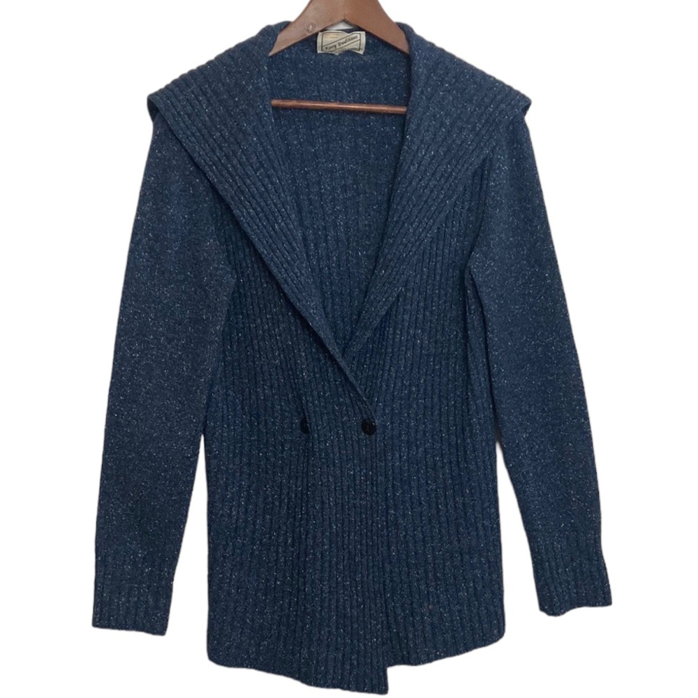 Irish Sweater Womens XS Wool Silk Ribbed Cardigan Heathered Blue Lightweight